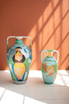 HAND-PAINTED LARGE CERAMIC MULTI-COLORED URN W TWO HANDLES