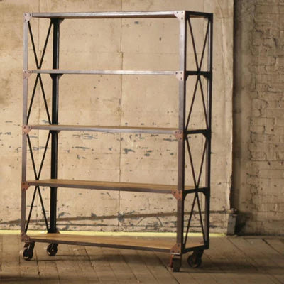 Tall Iron And Wood Display With Five Shelves And Iron Casters