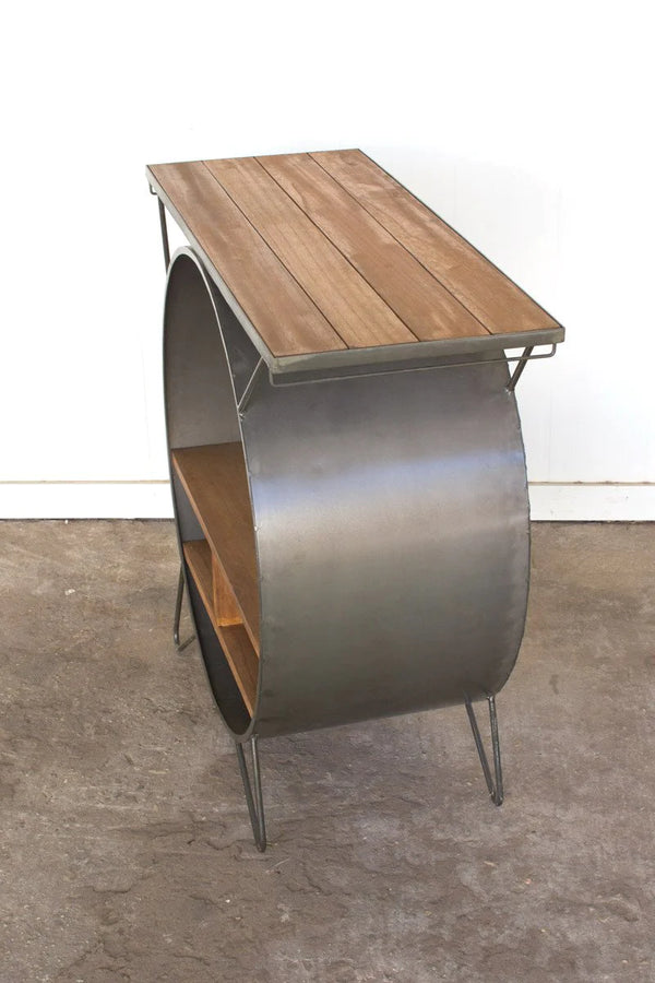 ROUND METAL CUBBY CONSOLE WITH SLATTED WOOD TOP