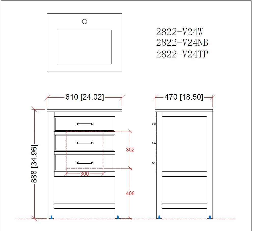 24'' Aruzza Teal Blue Narrow Bathroom Vanity with 2 Drawers and Open Shelf