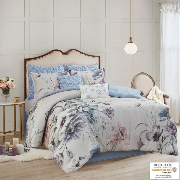Cassandra 8 Piece Cotton Printed Comforter Set - Blue - Gifts for You 'n Me
