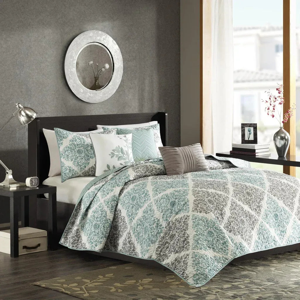 Claire 6 Piece Reversible Coverlet Set - Aqua - Gifts for You 'n Me