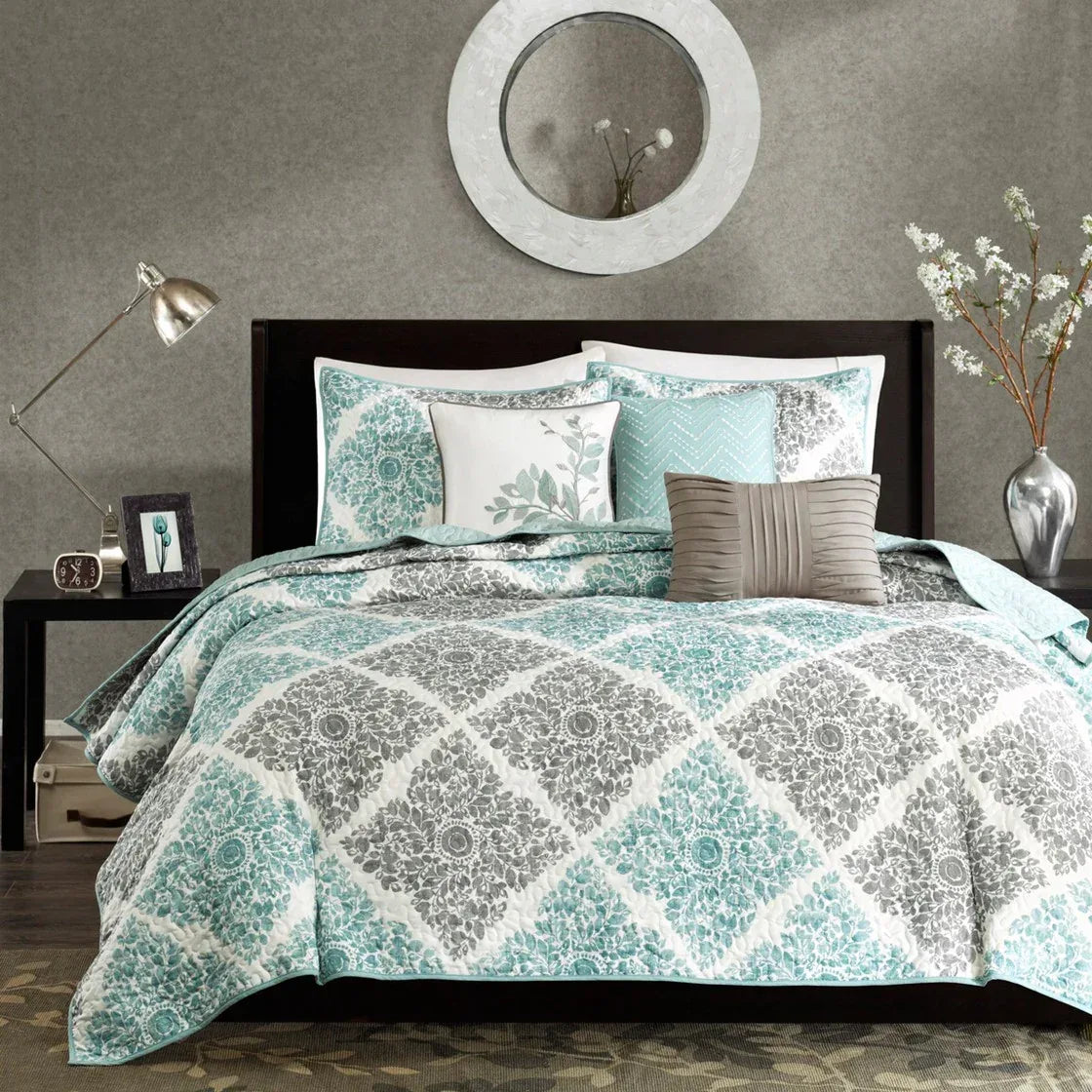Claire 6 Piece Reversible Coverlet Set - Aqua - Gifts for You 'n Me