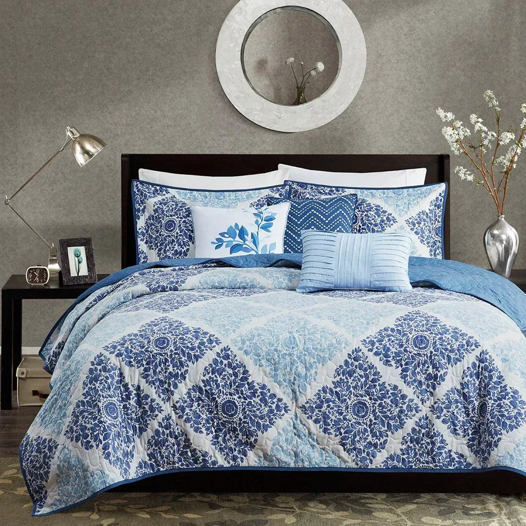 Claire 6 Piece Reversible Coverlet Set - Blue - Gifts for You 'n Me