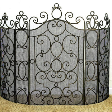 58"W Faux Antique Brass Five Panel Iron Fire Screen with Mesh Backing