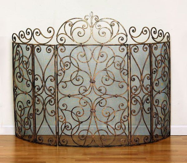 Large Five Panel Iron Scroll Fire Screen with Mesh Backing - Gifts for You 'n Me