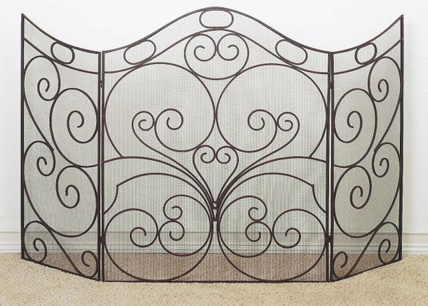 Antique Brown Iron Scroll Large Fire Screen with Mesh Backing - Oversized Firescreen - Gifts for You 'n Me
