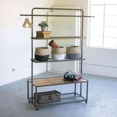 Display Unit With Wire Mesh And Wood Shelves