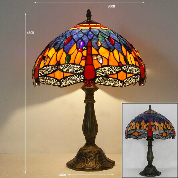 Tiffany style stained glass table lamp 12 inch Shade Blue/Green Dragonfly design table Reading lamp