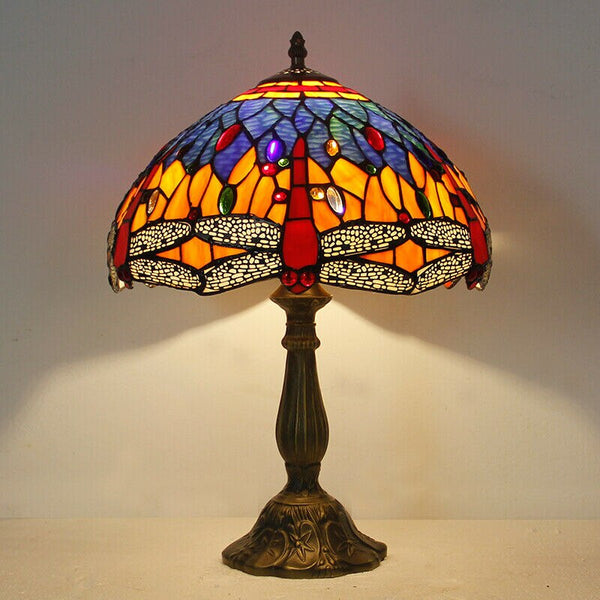 Tiffany style stained glass table lamp 12 inch Shade Blue/Green Dragonfly design table Reading lamp