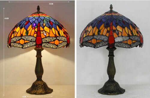 Tiffany style stained glass table lamp 12 inch Shade Blue/Green Dragonfly design table Reading lamp