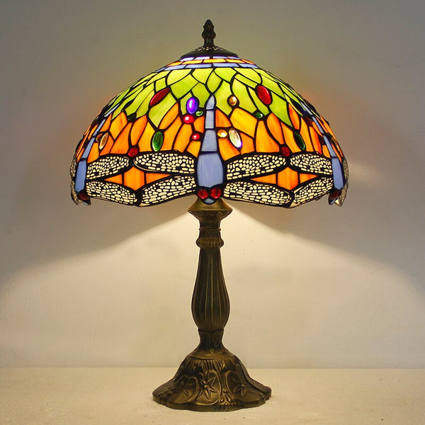 Tiffany style stained glass table lamp 12 inch Shade Blue/Green Dragonfly design table Reading lamp