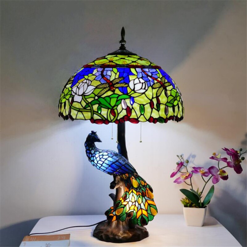 Luxurious Tiffany Peacock Table Lamp Foyer Bed Room Restaurant Large Art Glass Colorful Desk Decor Light 68cm 1261