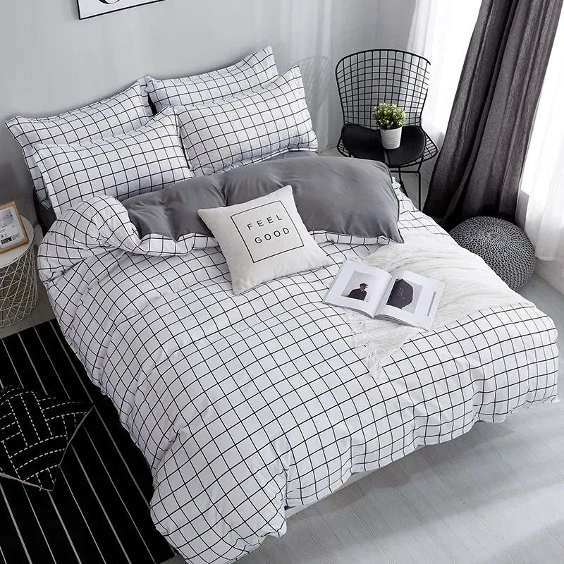Bonenjoy Queen Size Bedding Set White Color Black Plaid Microfiber Reactive Printed King Size Bed Linen Sets For Bedroom Kit - Gifts for You 'n Me