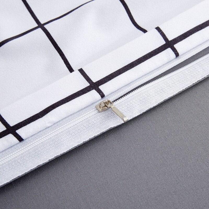 Bonenjoy Queen Size Bedding Set White Color Black Plaid Microfiber Reactive Printed King Size Bed Linen Sets For Bedroom Kit - Gifts for You 'n Me
