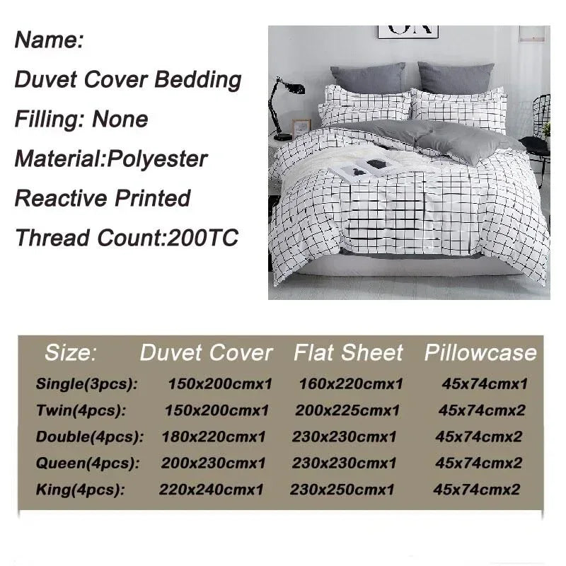 Bonenjoy Queen Size Bedding Set White Color Black Plaid Microfiber Reactive Printed King Size Bed Linen Sets For Bedroom Kit - Gifts for You 'n Me