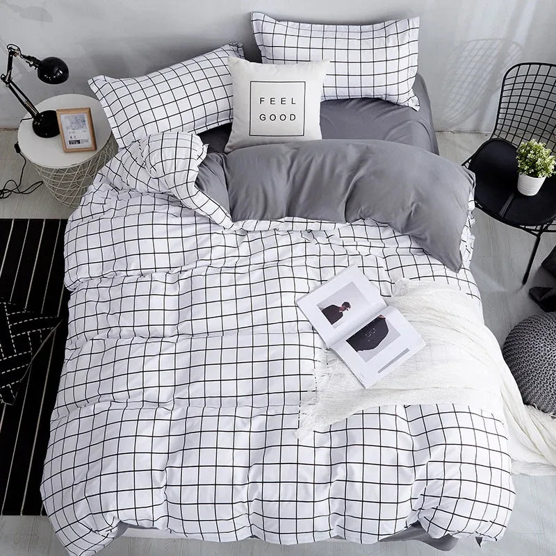 Bonenjoy Queen Size Bedding Set White Color Black Plaid Microfiber Reactive Printed King Size Bed Linen Sets For Bedroom Kit - Gifts for You 'n Me