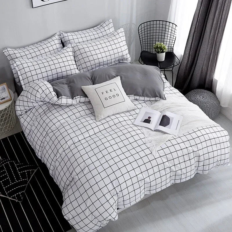Bonenjoy Queen Size Bedding Set White Color Black Plaid Microfiber Reactive Printed King Size Bed Linen Sets For Bedroom Kit - Gifts for You 'n Me