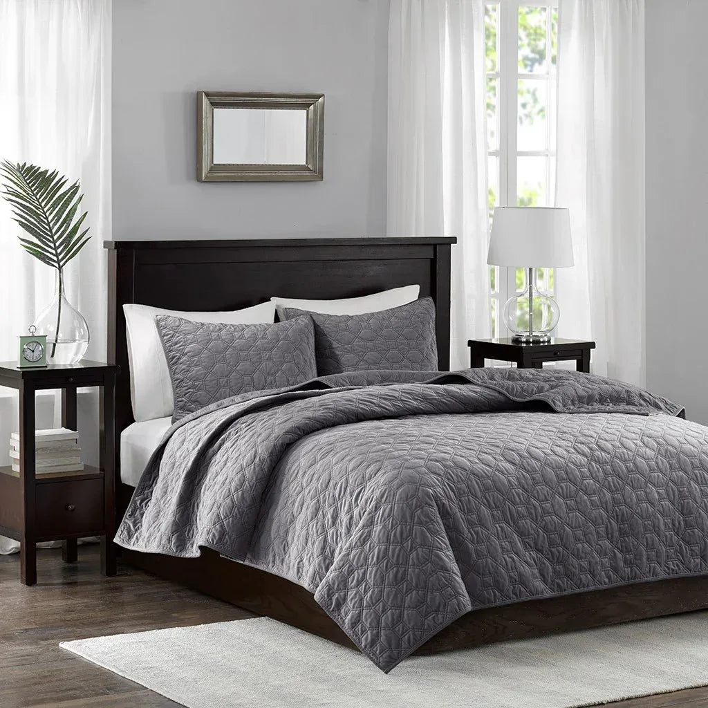 Harper Velvet 3 Piece Coverlet Set - Grey - Gifts for You 'n Me