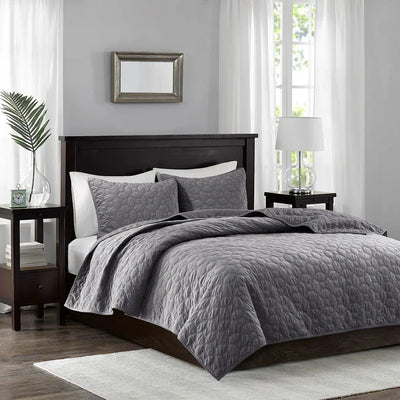 Harper Velvet 3 Piece Coverlet Set - Grey