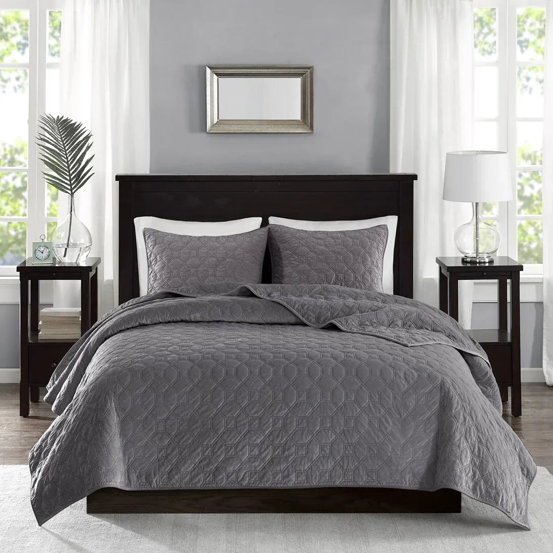 Harper Velvet 3 Piece Coverlet Set - Grey - Gifts for You 'n Me