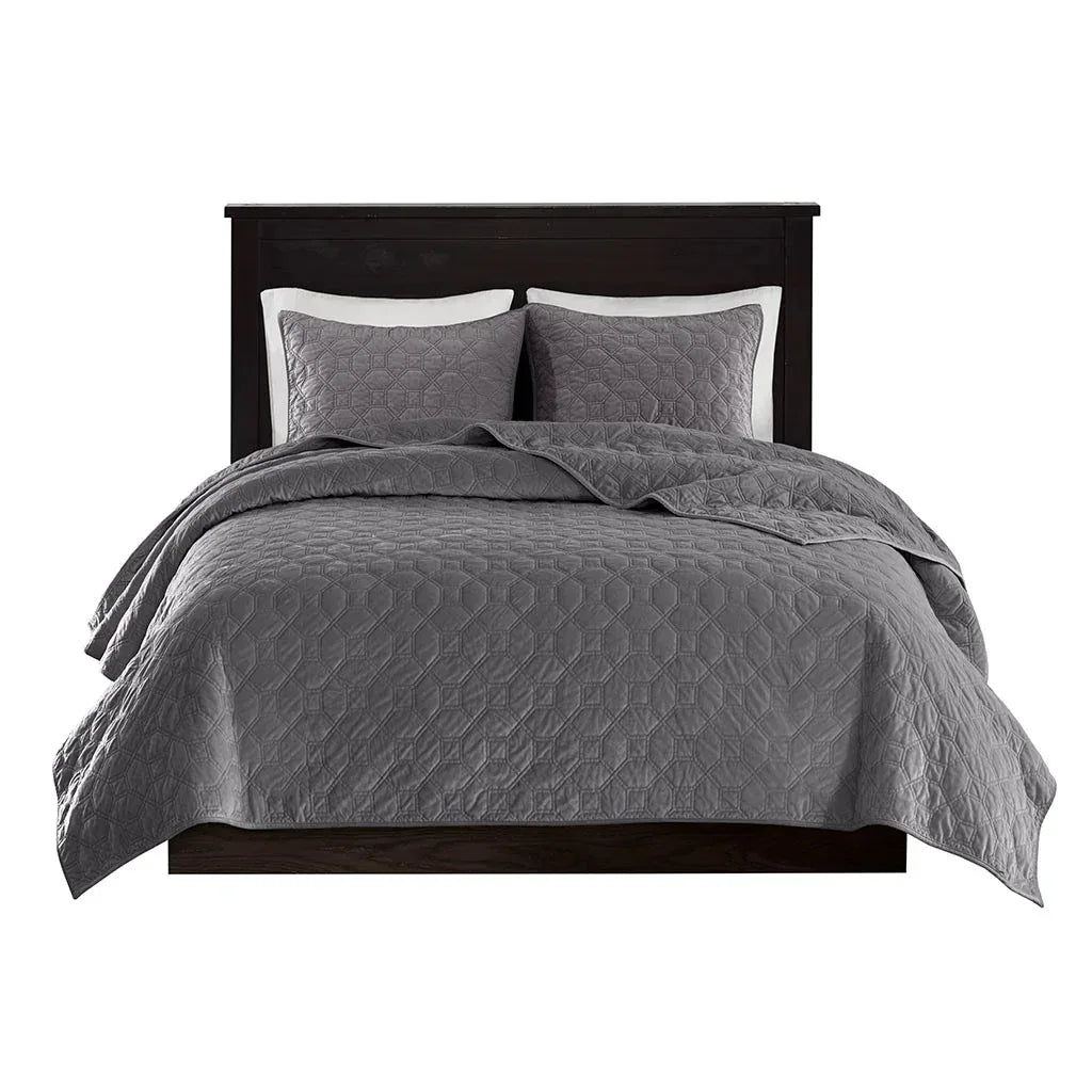 Harper Velvet 3 Piece Coverlet Set - Grey - Gifts for You 'n Me