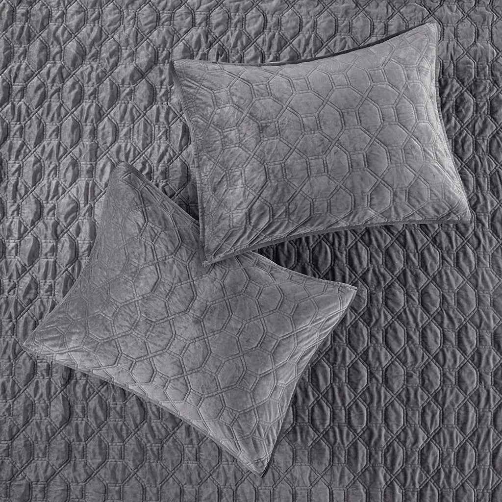Harper Velvet 3 Piece Coverlet Set - Grey - Gifts for You 'n Me
