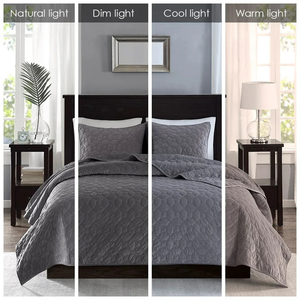 Harper Velvet 3 Piece Coverlet Set - Grey - Gifts for You 'n Me