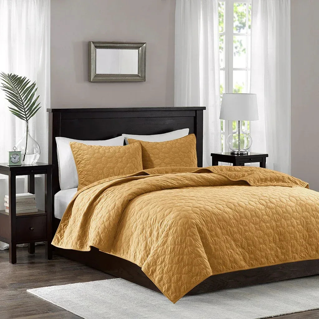 Harper Velvet 3 Piece Coverlet Set - Mustard - Gifts for You 'n Me