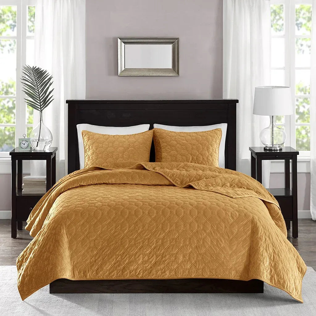 Harper Velvet 3 Piece Coverlet Set - Mustard - Gifts for You 'n Me