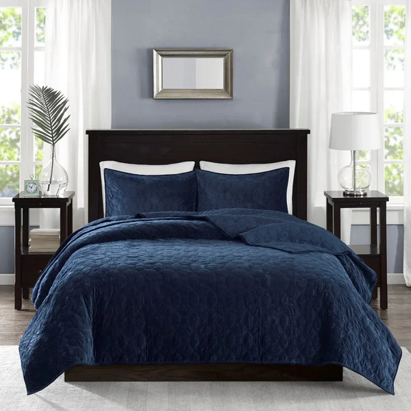 Harper Velvet 3 Piece Coverlet Set - Navy - Gifts for You 'n Me