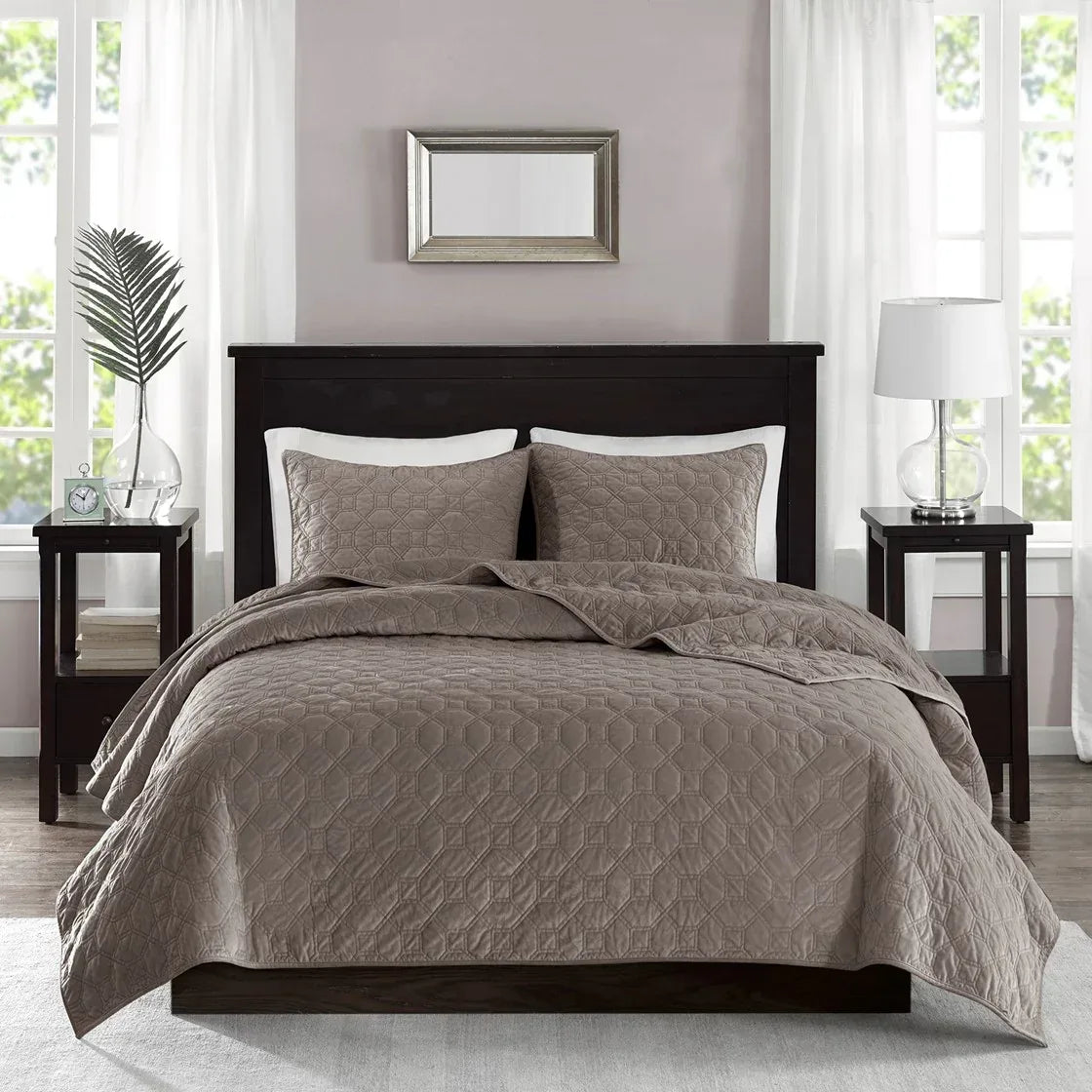 Harper Velvet 3 Piece Coverlet Set - Taupe - Gifts for You 'n Me
