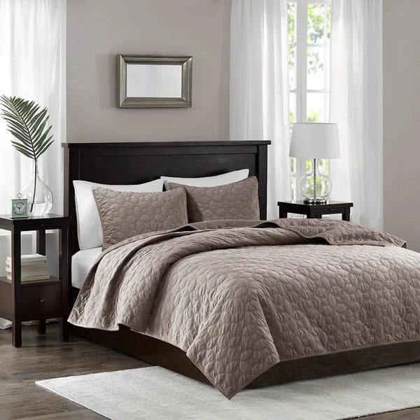 Harper Velvet 3 Piece Coverlet Set - Taupe - Gifts for You 'n Me