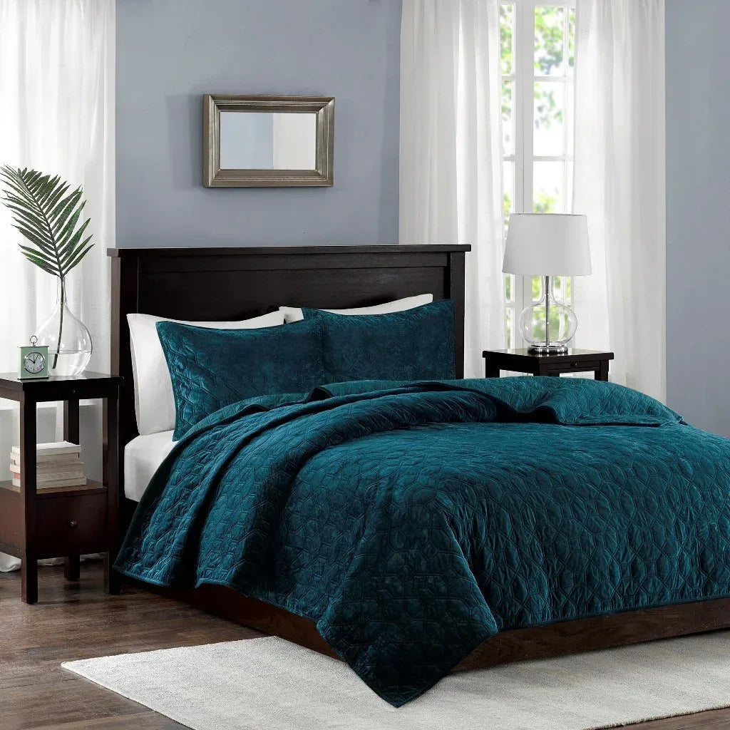 Harper Velvet 3 Piece Coverlet Set - Teal - Gifts for You 'n Me