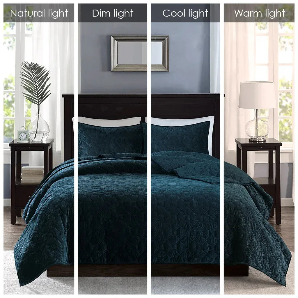 Harper Velvet 3 Piece Coverlet Set - Teal - Gifts for You 'n Me