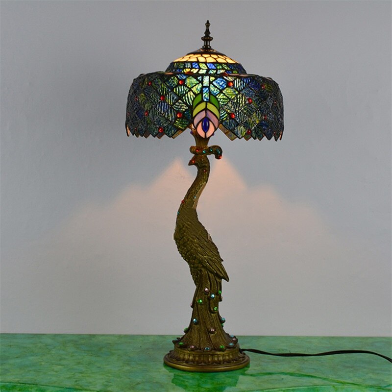 FAIRY Tiffany Table Lamp Peacock Contemporary Retro Creative Decoration LED Light For Home