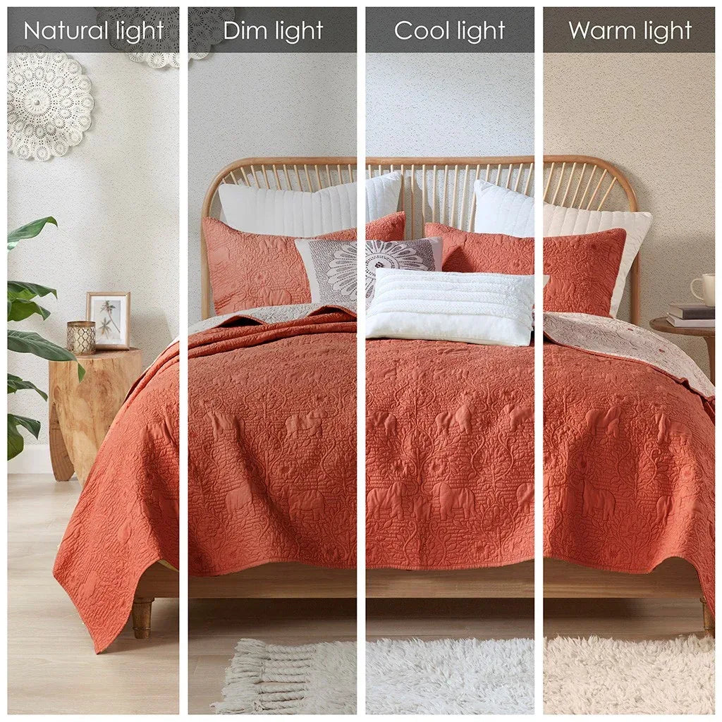 Kandula 3 Piece Reversible Cotton Quilt Set in Coral - Gifts for You 'n Me