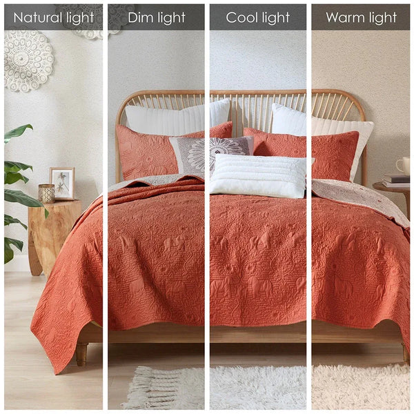 Kandula 3 Piece Reversible Cotton Quilt Set in Coral - Gifts for You 'n Me