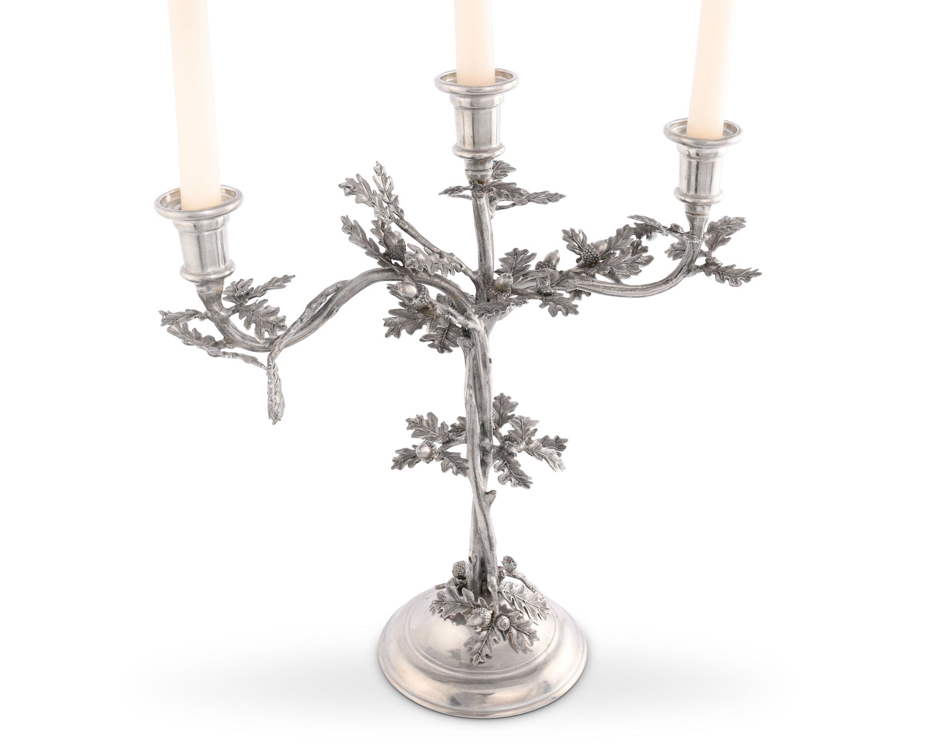THREE TAPER PEWTER OAK LEAF CANDELABRUM