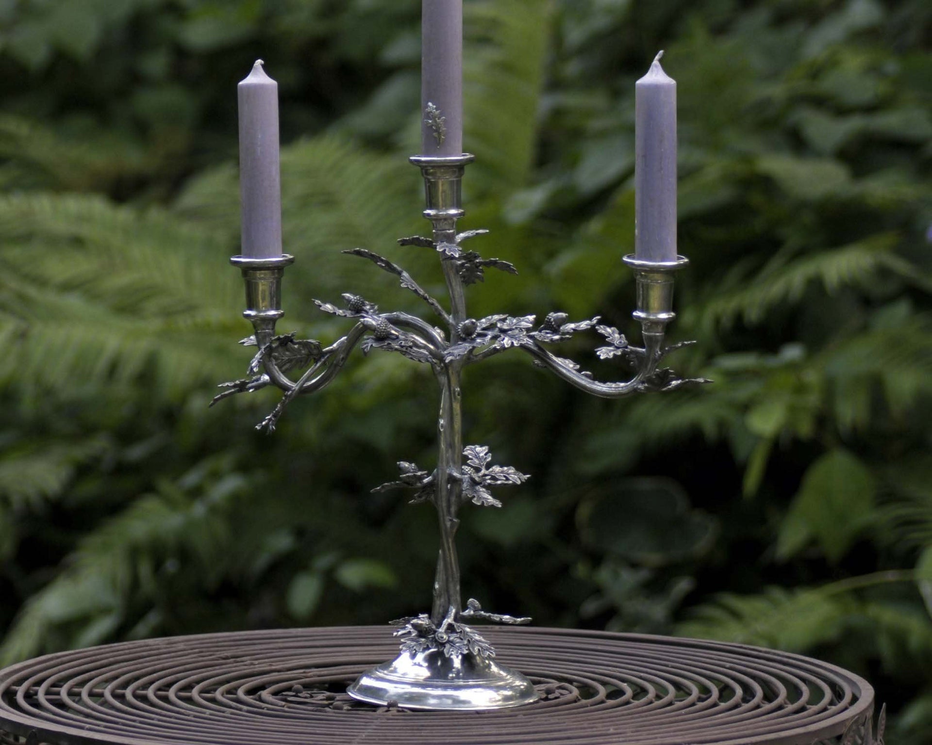 THREE TAPER PEWTER OAK LEAF CANDELABRUM