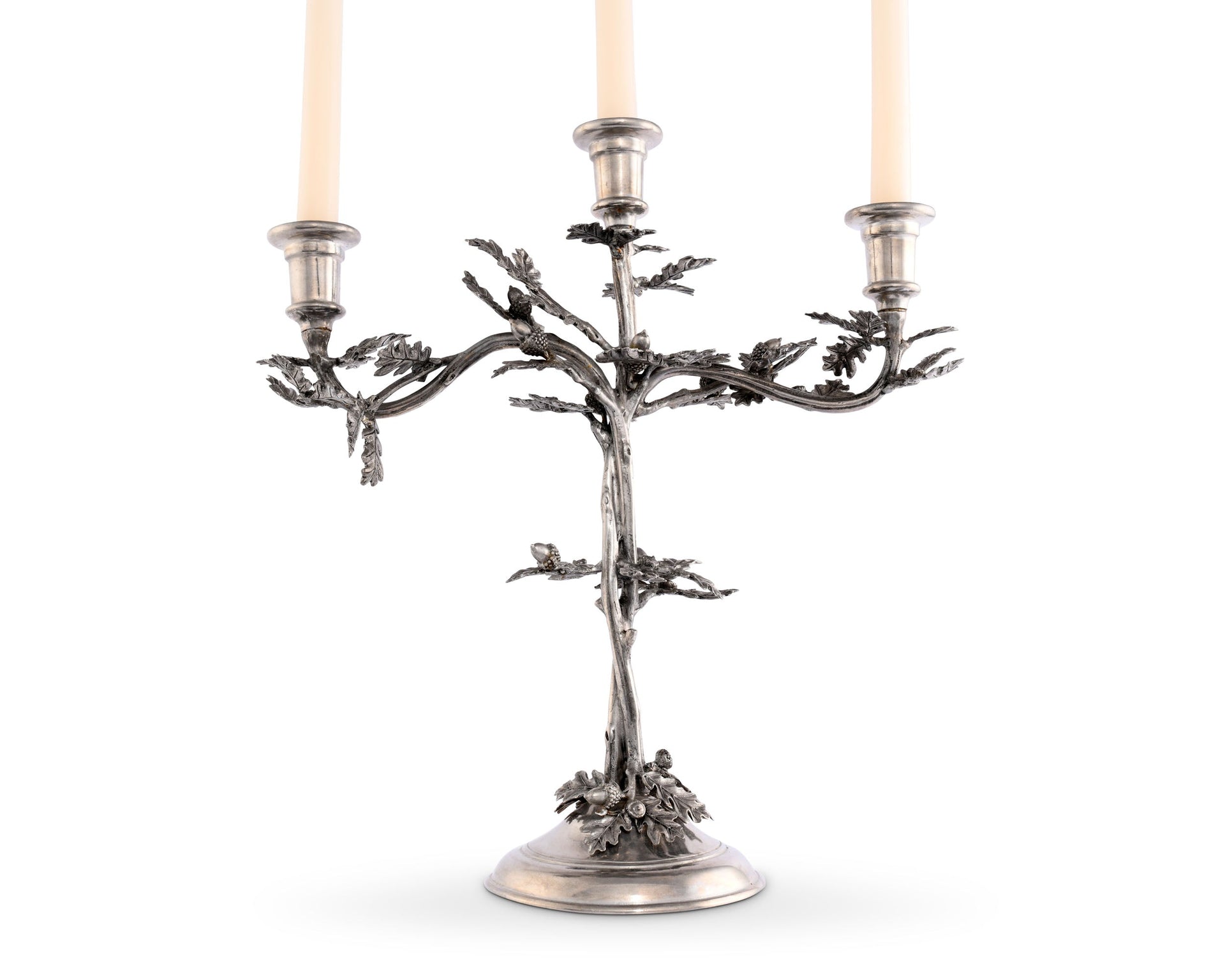 THREE TAPER PEWTER OAK LEAF CANDELABRUM