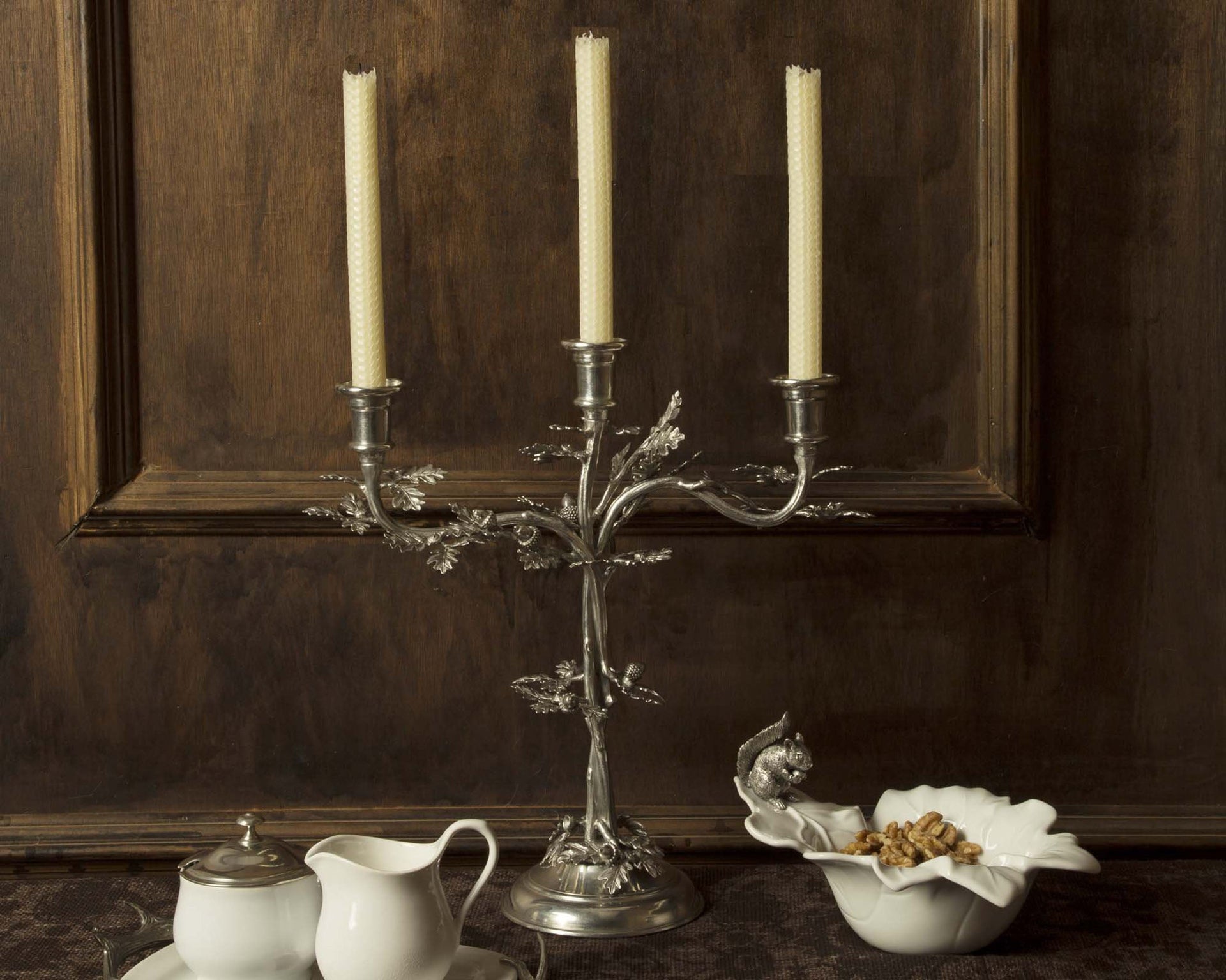 THREE TAPER PEWTER OAK LEAF CANDELABRUM