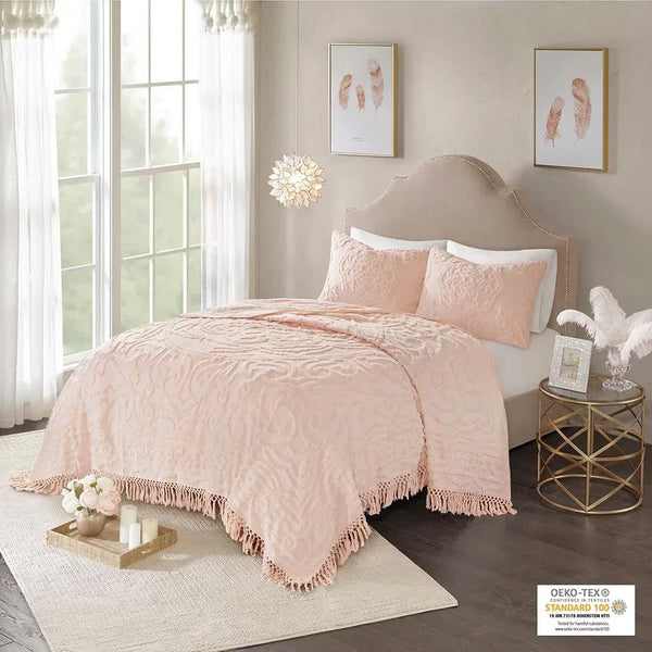 Laetitia Tufted Cotton Chenille Medallion Fringe Coverlet Mini Set - Blush - Gifts for You 'n Me