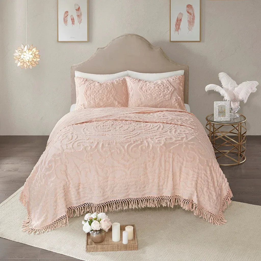 Laetitia Tufted Cotton Chenille Medallion Fringe Coverlet Mini Set - Blush - Gifts for You 'n Me