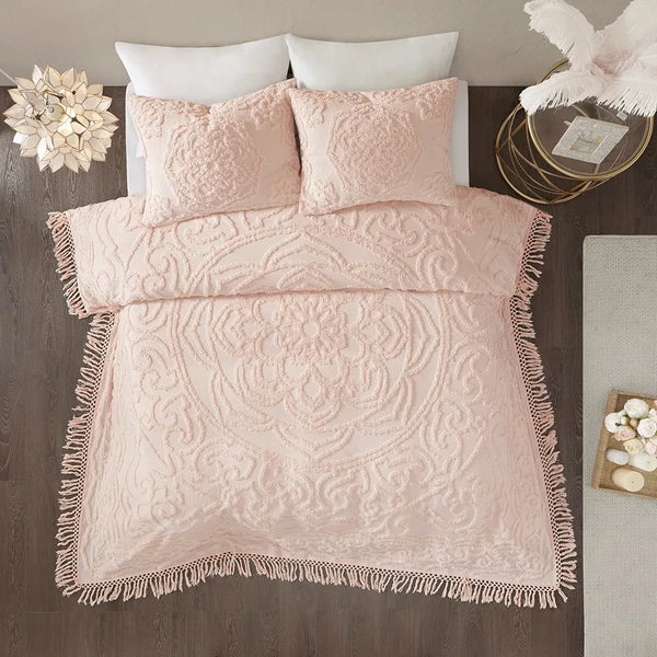 Laetitia Tufted Cotton Chenille Medallion Fringe Coverlet Mini Set - Blush - Gifts for You 'n Me