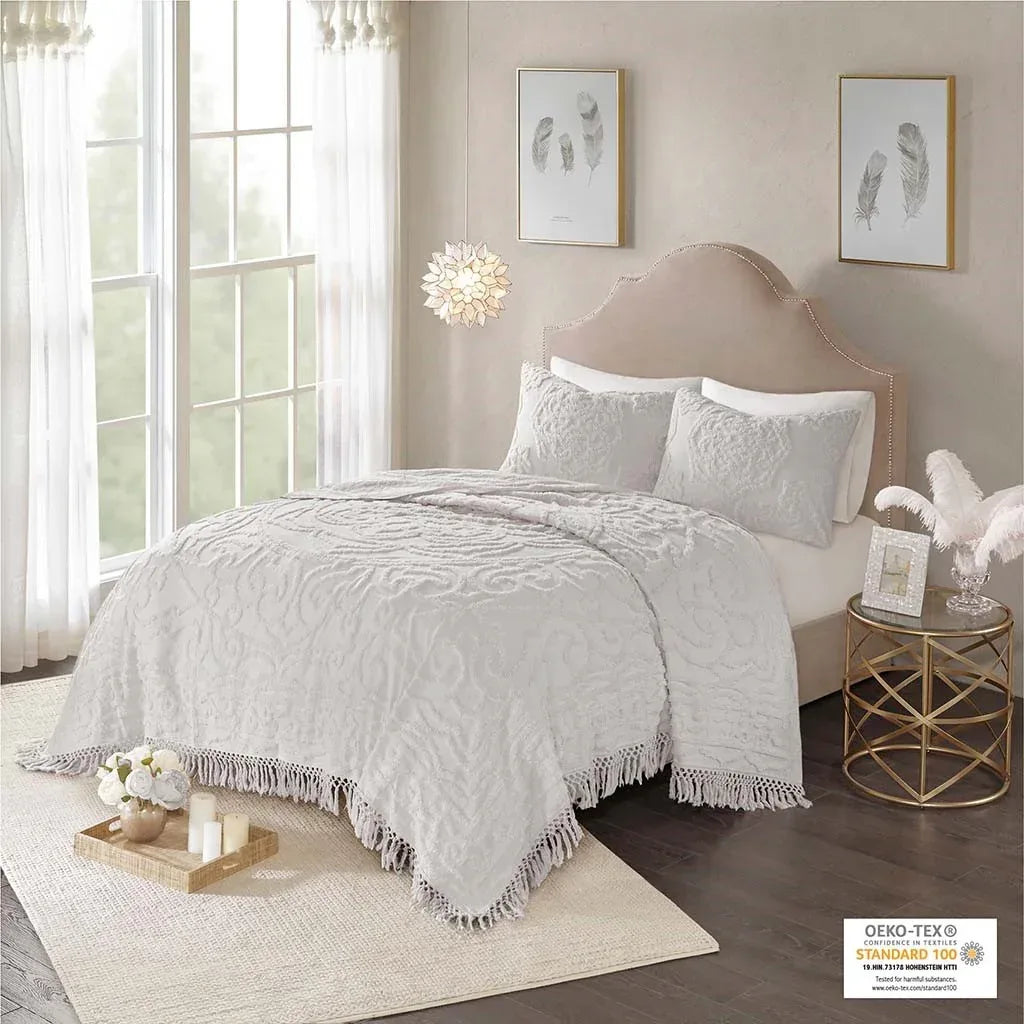 Laetitia Tufted Cotton Chenille Medallion Fringe Coverlet Mini Set - Grey - Gifts for You 'n Me