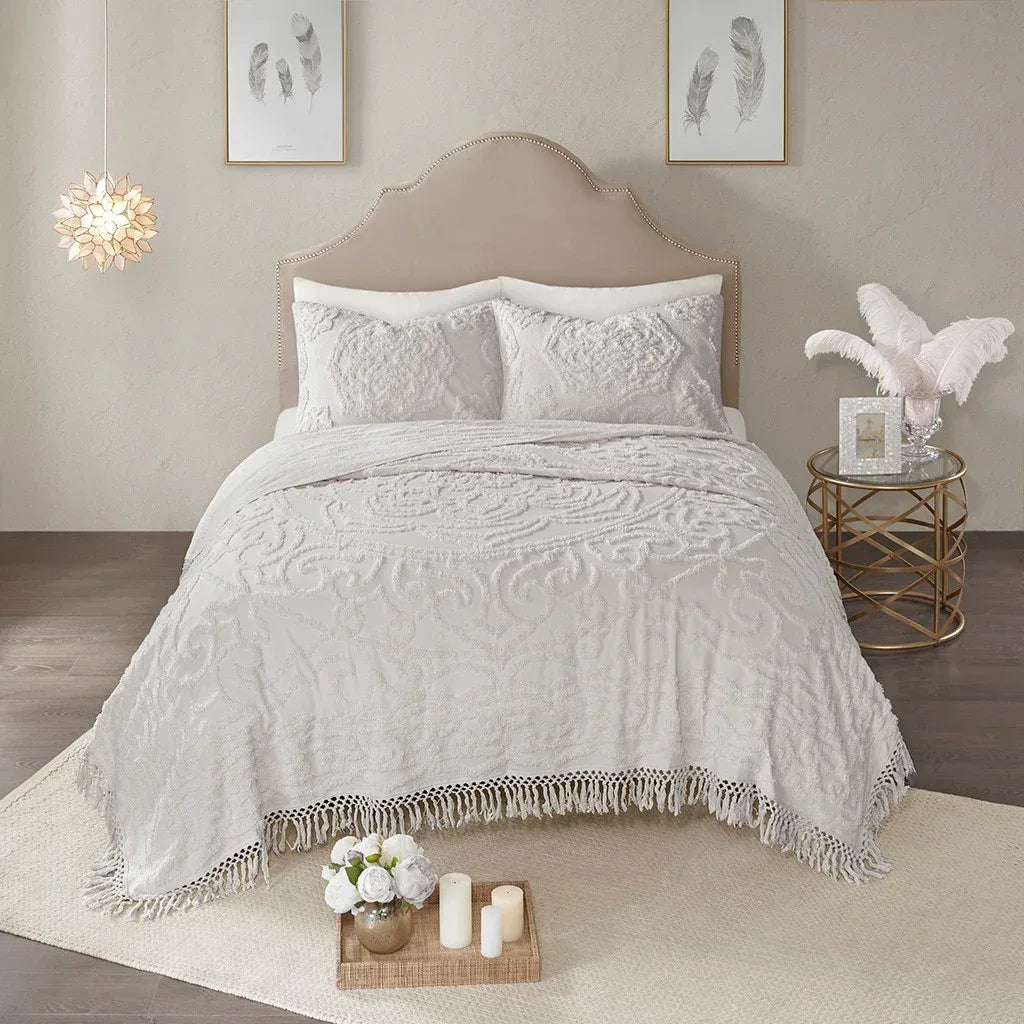 Laetitia Tufted Cotton Chenille Medallion Fringe Coverlet Mini Set - Grey - Gifts for You 'n Me