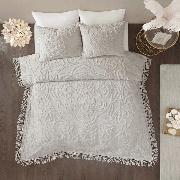 Laetitia Tufted Cotton Chenille Medallion Fringe Coverlet Mini Set - Grey - Gifts for You 'n Me