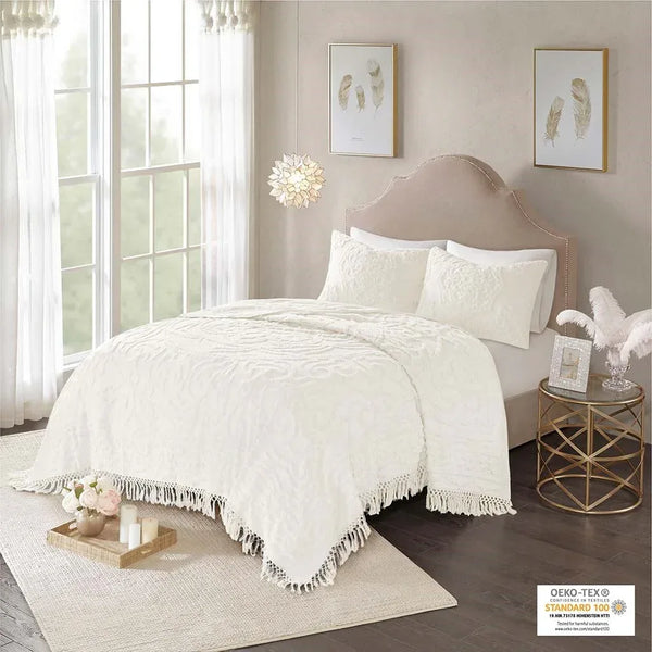 Laetitia Tufted Cotton Chenille Medallion Fringe Coverlet Mini Set - Off White - Gifts for You 'n Me