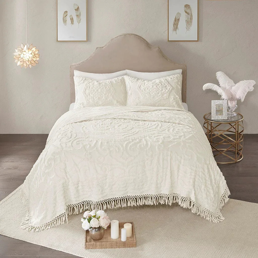Laetitia Tufted Cotton Chenille Medallion Fringe Coverlet Mini Set - Off White - Gifts for You 'n Me